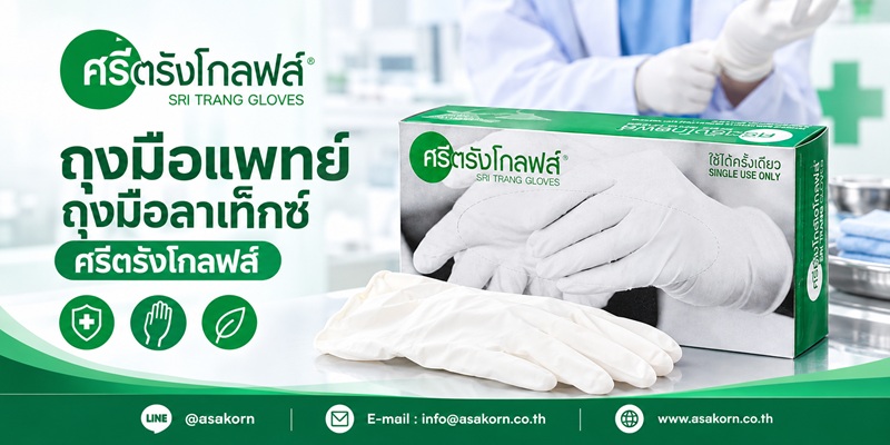 ถุงมือยางธรรมชาติทางการแพทย์แบบไม่มีแป้ง ศรีตรังโกลฟส์ กล่องเขียว