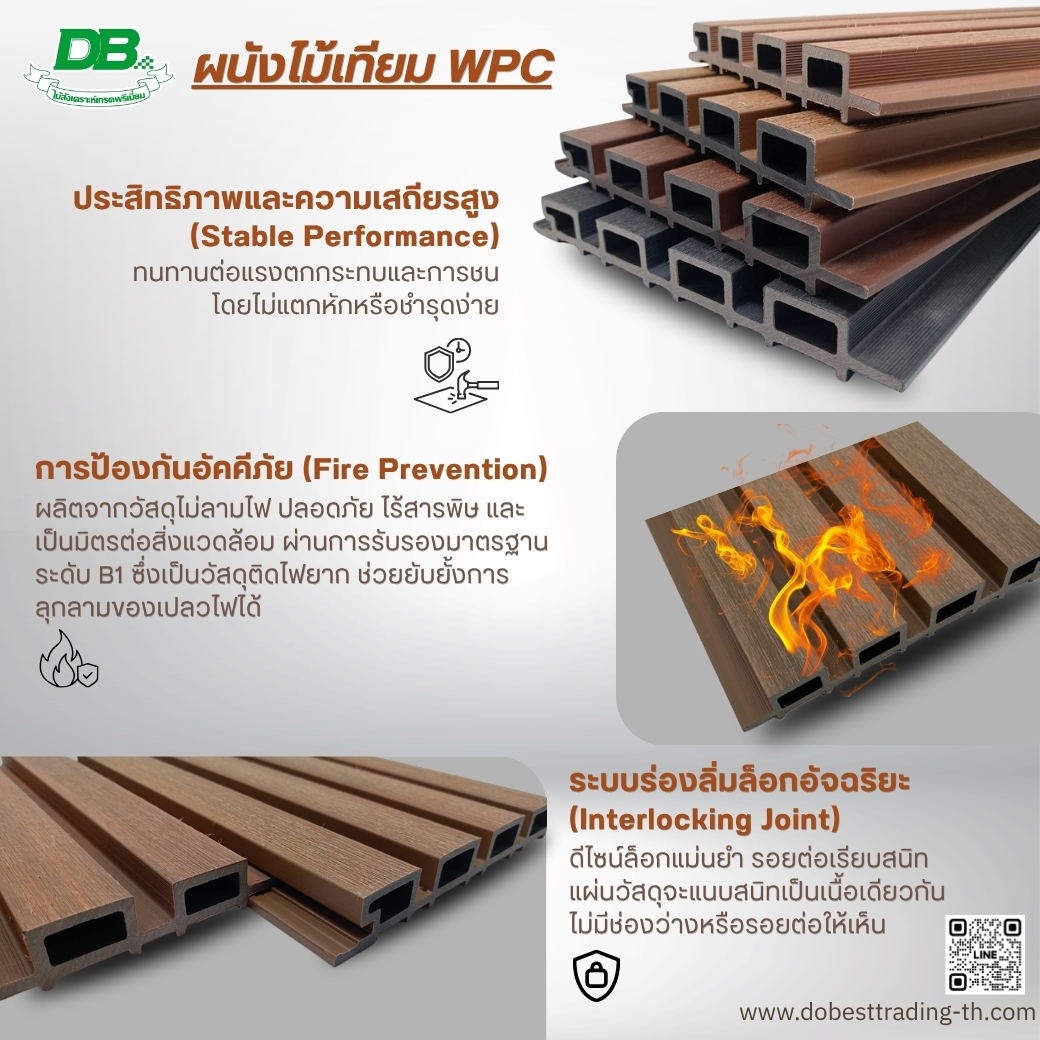 ช่างตรวจแผ่นผนังลายไม้ที่จัดเก็บในร่มบนฐานเรียบสะอาดก่อนนำไปติดตั้ง